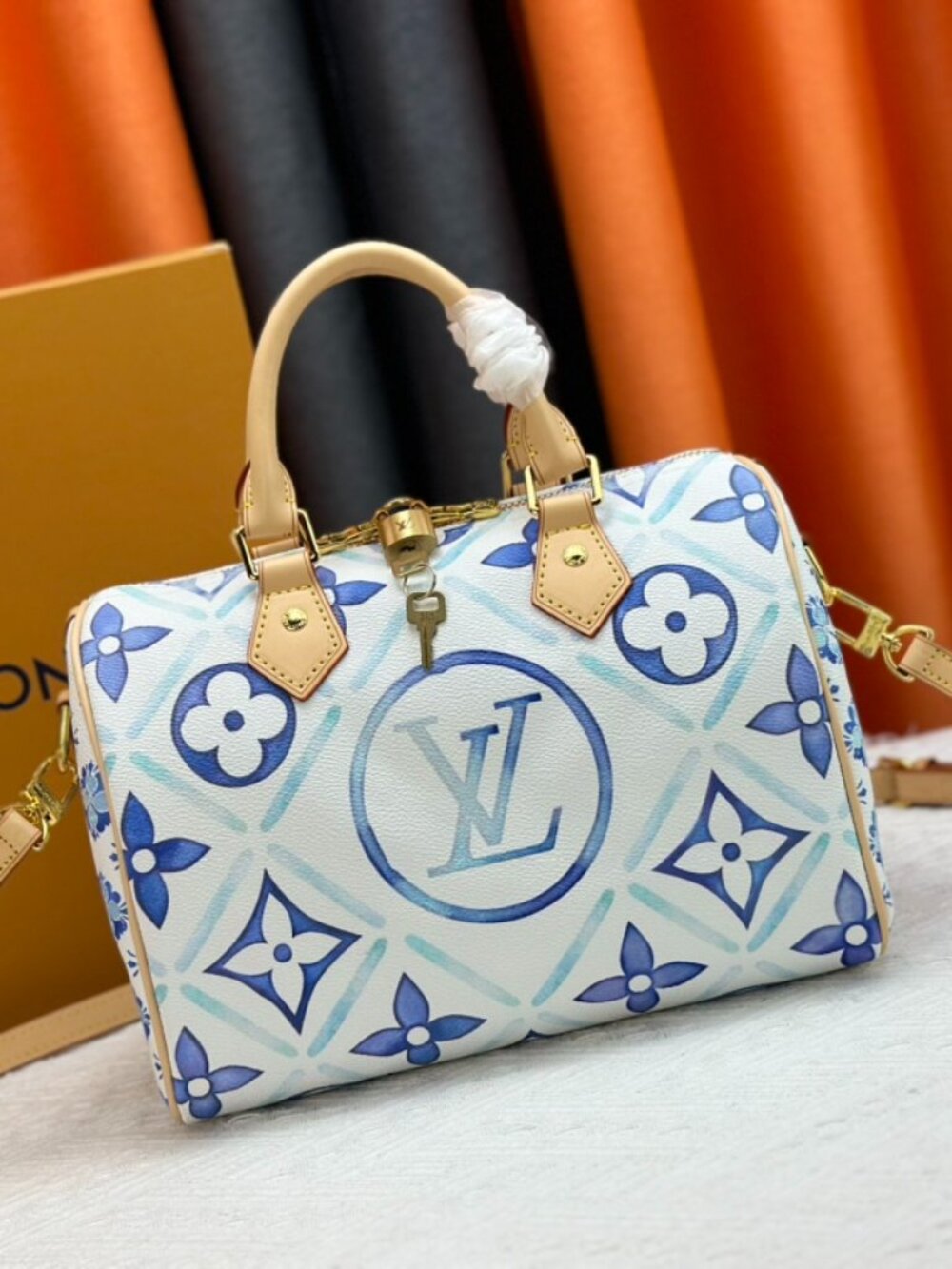 LV Speedy Bandoulière 25 By The Pool Lagoon Blue Monogram Tile Crossbody Handbag
